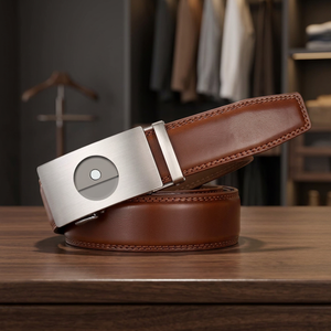 Ceinture en cuir automatique marron uni en cuir de vachette avec boucle rectangulaire argentée, style formel, durable, moulage monobloc - Product Image 3