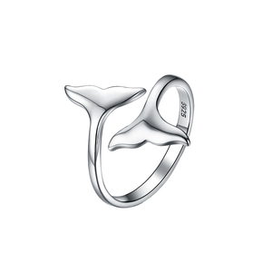 925 Sterling <b>Silver</b> Rhodium Plated Whale Tail <b>Adjustable</b> Fish Tail Opening <b>Ring</b> for Wedding and Animal Lovers - Product Image 1