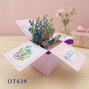 Carte pop-up 3D tendance Viet-craft avec fleurs violettes en boîte, artisanat en papier découpé au laser fait main, personnalisé, artistique et de collection - Product Image 3
