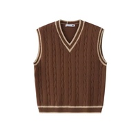 Gilet en acrylique torsadé à col en V pour homme, avec bordure contrastante, sans manches, ourlet côtelé texturé, style preppy universitaire, automne
