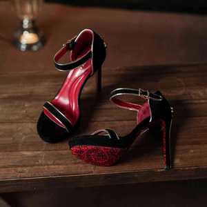 Zapatos de tacón alto con punta abierta y correa en el tobillo, tacón de aguja súper alto de 8 cm, suela roja, detalle de hebilla, tendencia de moda - Product Image 3