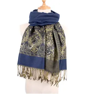 Popular women pashmina jacquard paisley scarves and shawls wholesale polyester long jacquard scarf with tassels