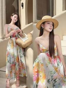 Summer Boho Floral Maxi Dress Women Sleeveless V Neck Backless Chiffon Beach Vacation Resort Wear Wholesale Custom - Product Image 3