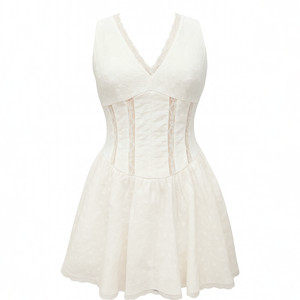 Custom Design Women's Daily Casual Slim Fit <strong>Dress</strong> White Deep V-Neck Sleeveless Hollow Lace Embroidery Ruffle Pattern <strong>Type</strong> Solid - Product Image 4
