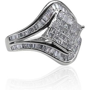 Bague en diamant taille princesse, sertie de baguettes en chevron, pour femme, or blanc 14 carats - Product Image 2