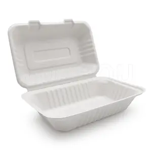 New 2024 900ml 9 Inch Biodegradable & Compostable Bagasse take out container clamshell lunch box with logo disposable