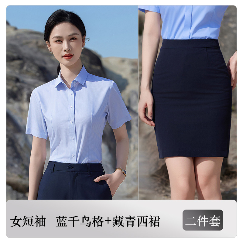 Women's [Blue houndstooth shirt and navy blue skirt]