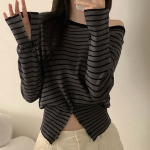 One Shoulder <b>Striped</b> Knitted <b>Long</b> <b>Sleeve</b> <b>Top</b> with Cinched Waist-Compressed Digital Printing Slim Fit Casual & Versatile Basic - Product Image 5