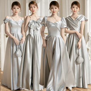Grey Bridesmaid Dress Satin A-Line Sweetheart Neckline Natural Waist Wedding Evening Gown - Product Image 1