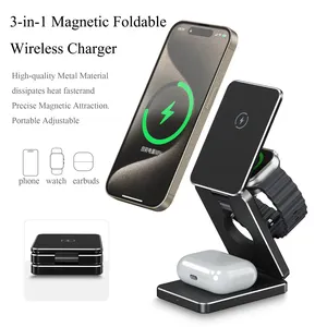 New product 3 in 1 Magnetic Foldable 15W Wireless Charger For iphone 15 14 13 Portable Adjustable 180 Degree Convenient Carry