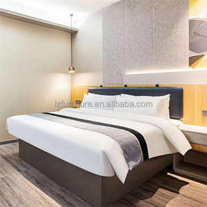 OEM ODM Custom Budget Business Hotel Room Furniture Set Wood Veneer Integrated <b>Headboard</b> King Bed Nightstand for Homestay Motel - Product Image 2