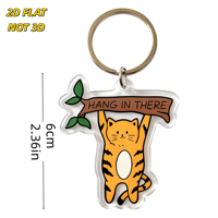 Porte-clés en acrylique imprimé UV Hang There Cat, motif chat tigré orange suspendu à une branche, bannière motivante, breloque transparente double face imperméable