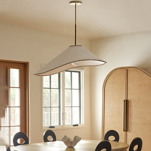 Lampe suspendue vintage française en laiton, abat-jour rond en tissu doré E27, pour chambre à coucher, salon, style zen - Product Image 2