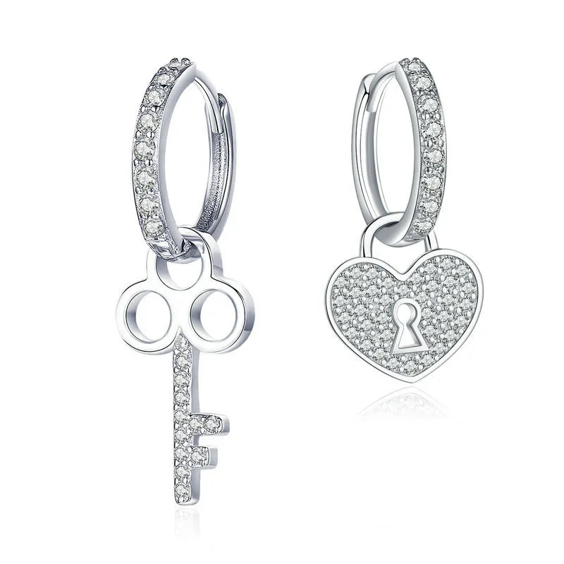 Fashion key and lock stud 925 sterling silver diamond stud earrings cz fancy hoop earrings for women