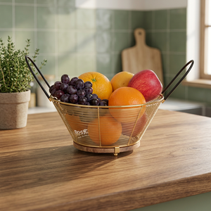 Panier à fruits minimaliste en métal avec poignées, conteneur de rangement en aluminium pour la présentation des aliments dans la cuisine, forme polygonale, design durable - Product Image 4