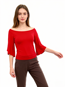 เสื้อยืดแฟชั่นผู้หญิง แขนกระดิ่ง คอโอ ผ้าถักเรยอน/สแปนเด็กซ์ ทรงเข้ารูป แขนสองชั้น ยืดหยุ่น นุ่ม สวมใส่สบาย คุณภาพสูง ดีไซน์เก๋ไก๋ สำหรับฤดูร้อน - Product Image 3