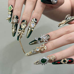 Ongles artificiels élégants et luxueux, <span class=keywords><strong>manucure</strong></span> 3D avec strass et perles, couverture complète, <span class=keywords><strong>vert</strong></span> <span class=keywords><strong>émeraude</strong></span>, ongles pressés faits à la main - Product Image 3