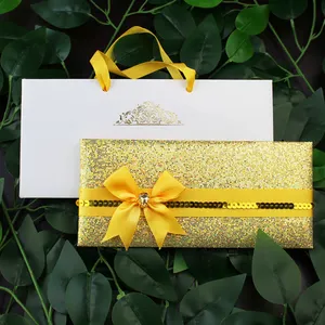 Großhandel beliebte Luxus-Stil Glitter Papier Handtasche Einladungen Band mit Goldfolie Seide handgemachte Hochzeits einladung karten