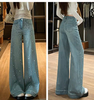 Jean large droit pour femme, taille haute, coupe ample, avec rivets décoratifs, style décontracté, collection printemps