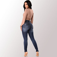 Usine OEM de marque internationale - Meilleures ventes de pantalons skinny en denim stretch à taille haute, déchirés et délavés pour femmes