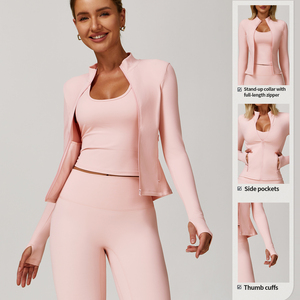 Set Yoga Senza Cuciture per Donna con Logo Personalizzato, 3 Pezzi: Giacca con Zip a Manica Lunga, Pantaloni a Zampa e Reggiseno <span class=keywords><strong>Sportivo</strong></span> - Product Image 2