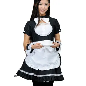 French Black Maid Dress Costume with Apron Fancy Dress for Halloween Cosplay