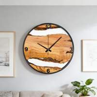 Jam Dinding Bundar Analog Unik Bergaya Art Deco dari Kayu Zaitun dan Logam, Beroperasi dengan Baterai Kuarsa, Tanpa Suara, Jarum Tunggal, untuk Ruang Tamu