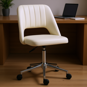 Modern Cream White PU Leather Mid Back Swivel Office <b>Chair</b> With Chrome 5 Star Base For Home Office Use - Product Image 2