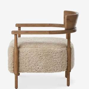 Poltrona Singola Moderna Vintage in Legno Massello, Divano Relax per Soggiorno, Camera da Letto, Balcone - Design in Tessuto Effetto Lana d'Agnello - Product Image 4