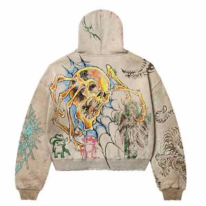 <span class=keywords><strong>Felpa</strong></span> con Cappuccio Crop Top 100% Cotone Effetto Invecchiato, Bordi Sfrangiati, Stampa Teschio Ragno Stile Tatuaggio Retrò, Y2K, Streetwear Uomo - Product Image 2
