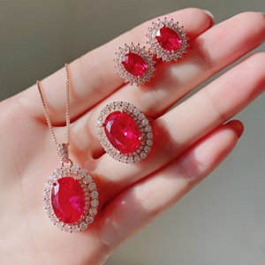 Fashion Eco-friendly Copper 18K Rose Gold Plated <b>Necklace</b> Earrings Rings <b>Set</b> Women's 8*10mm Pigeon Blood Red Zircon Jewelry <b>Sets</b> - Product Image 3