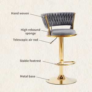 Taburete de Barra para Isla de Cocina o Desayunador con Respaldo Ergonómico Curvo, Tapizado en Terciopelo, Estructura Dorada y Altura Ajustable - Product Image 3