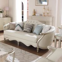 Ensemble de canapés en bois européen de luxe avec sièges en cuir beige et cadre sculpté à la main pour grande salle de séjour