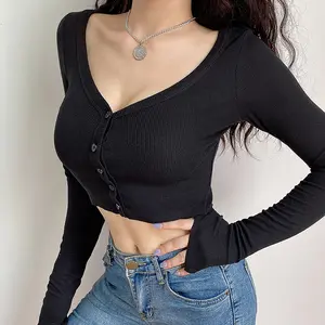 OEM Ladies Casual Rib Knit Slim Fit Sweatshirts Workout Yoga Shirts Bodycon Women's Long Sleeve V Neck Button Down Crop Tops Tee