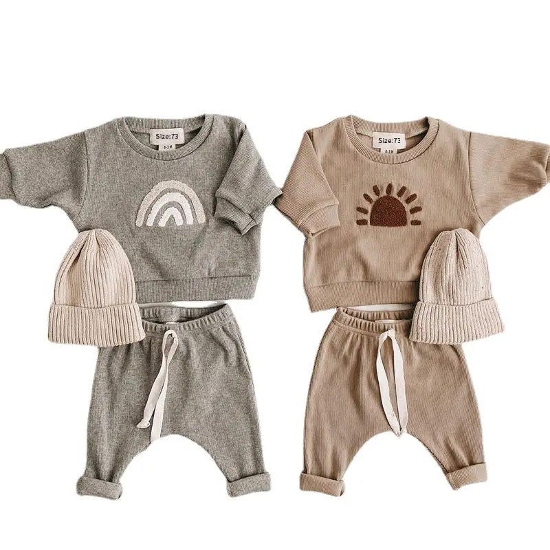 Wholesale Lovely Unisex Infant Toddlers Cotton Baby Knit Clothing Fashion Newborn Baby Clothes 3 Piece Set