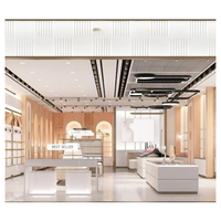 Plan de mise en espace de magasin de cosmétiques avec éclairage LED au design moderne, table de présentation de maquillage, vitrine