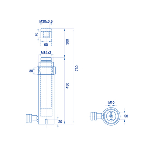 Cilindro hidráulico de carrera larga de acción simple OMCN 361/GM, retorno por resorte, altura de 730mm, 20 toneladas - Product Image 2