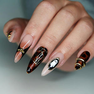 Uñas Postizas Doradas con Ondas Marrones Ámbar, 24 Piezas, con Flores, Diamantes de Imitación, Perlas, Estrellas, Pavo Real y Almendras, Uñas Acrílicas a Presión para <span class=keywords><strong>Manicura</strong></span> - Product Image 2