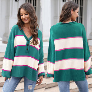 Tricoté Goutte Épaule Top Côté Fente <span class=keywords><strong>Pull</strong></span> En Tricot Bloc De Couleur Boutonné Col En V Côtelé Rayé <span class=keywords><strong>Pull</strong></span> Femmes - Product Image 4