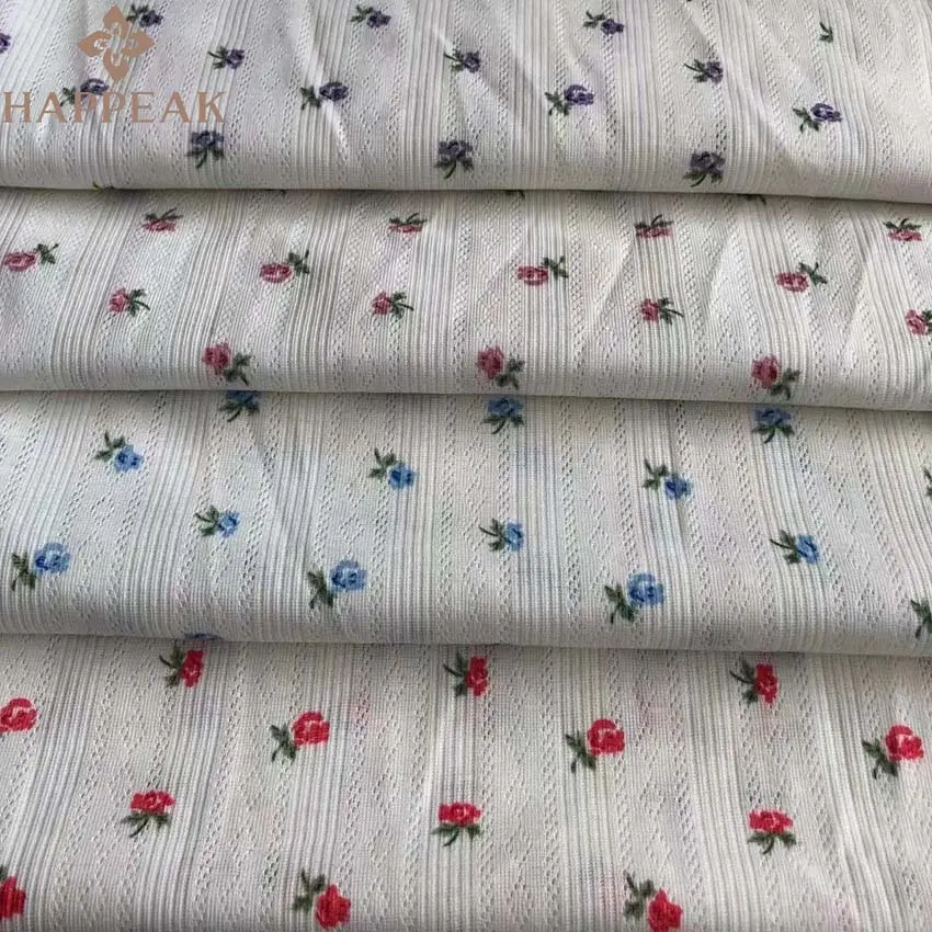 HAPPEAK Low MOQ Stretch Rib Knit Custom Design Printing tessuto a coste per maglieria in poliestere stampato floreale per canotta da donna