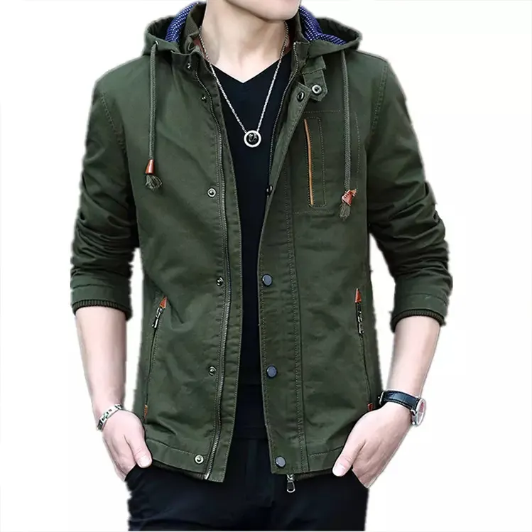 Hot Sale Slim Fit Cotton Bomber Jacket Men Custom High Quality Olive Green Windproof Hooded Jacket