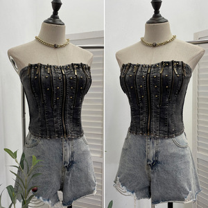 Peeqi 8901 Top in Denim Vintage da Donna con Corsetto, Cerniere, Rivetti, Lavaggio Effetto Patchwork, Senza Spalline, Sexy <span class=keywords><strong>Crop</strong></span> Top in <span class=keywords><strong>Jeans</strong></span> - Product Image 3
