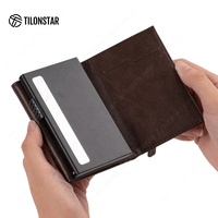 Dompet Kulit TILONSTAR RFID Pop Up dengan Kantong Koin, Slot Kartu Aluminium Anti Pembajakan, Tempat Kartu Kredit, Dompet Pria