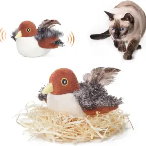 Simulation d'oiseau en plastique brun blanc en peluche automatique marche chat jouet interactif