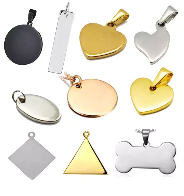 Fashion Jewelry Dog Tags Engraving Round Disc Custom Gold Plated Custom Logo Diy Coin Stainless Steel Sign Charm Heart Pendant