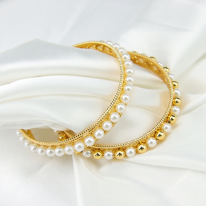 Dubai Fashion Women's Pearl <b>Bangle</b> Bracelet 21k Gold Plated Elegant Gold Beads Open <b>Bangles</b> with Coin Pendant - Product Image 4