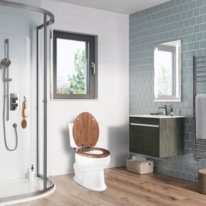 Siège de toilette en bois antibactérien, moderne, écologique et silencieux, avec finition grain de bois et charnières chromées - Product Image 3