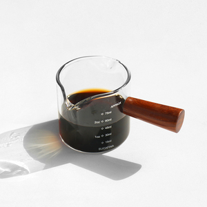 Accessoires à café : Tasse à mesurer en verre <span class=keywords><strong>Pyrex</strong></span> pour expresso et <span class=keywords><strong>lait</strong></span>, 50 ml et 75 ml, avec poignée en bois, graduée - Product Image 1
