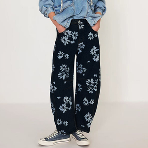 Imprimé floral Baggy Jeans Casual Loose Mid Waist Tube Shaped Women's Jeans Boho Beach Blue Cotton Denim Jeans for Women Pants - Product Image 4