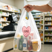 Sacs en plastique pour emballages de pâtisserie, desserts, gâteaux, snacks, à emporter, sacs de shopping, sacs de transport, imprimés avec un cœur LOVE à pois roses sur un t-shirt blanc